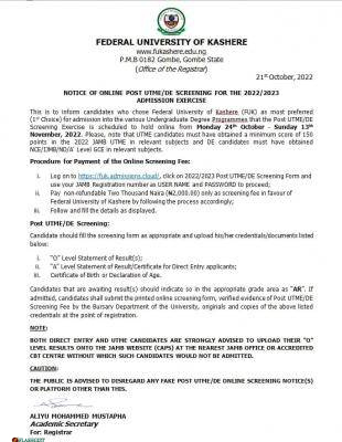 FUKashere Post-UTME/DE 2022: cut-off mark, eligibility and registration details